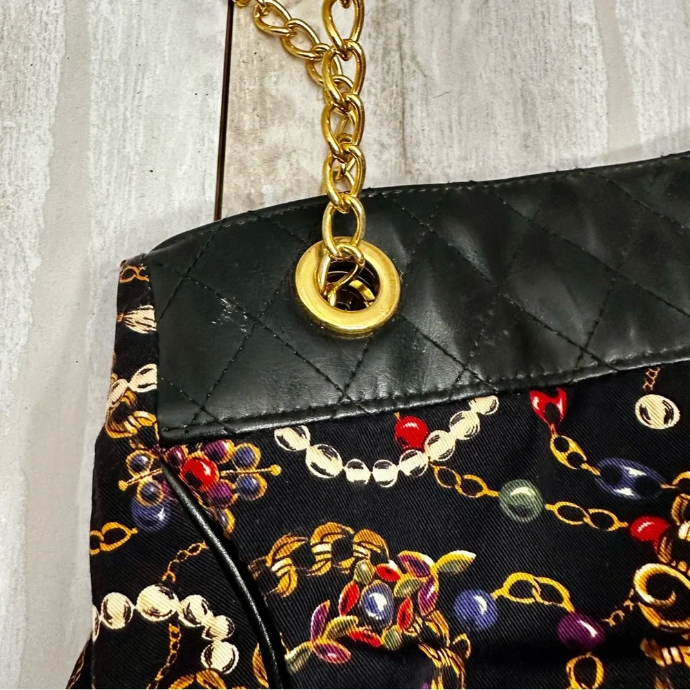 Monet Black Gold Chain Pattern Tote Bag Vintage 80s Jewelry Print Large Cloth